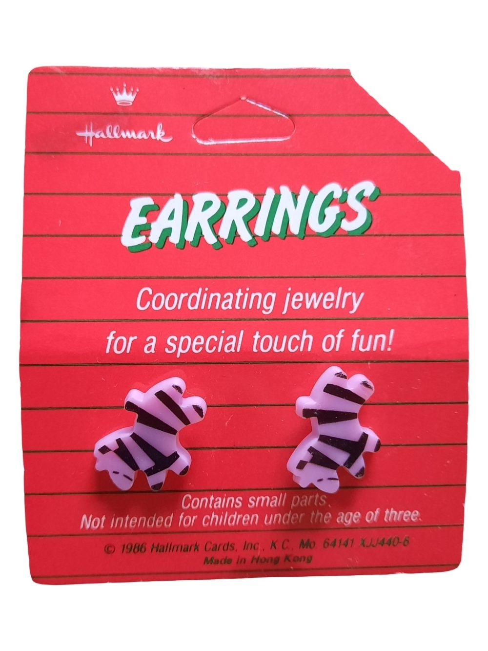 Hallmark Pink and Black Zebra Teddy Bear Stud Earrings